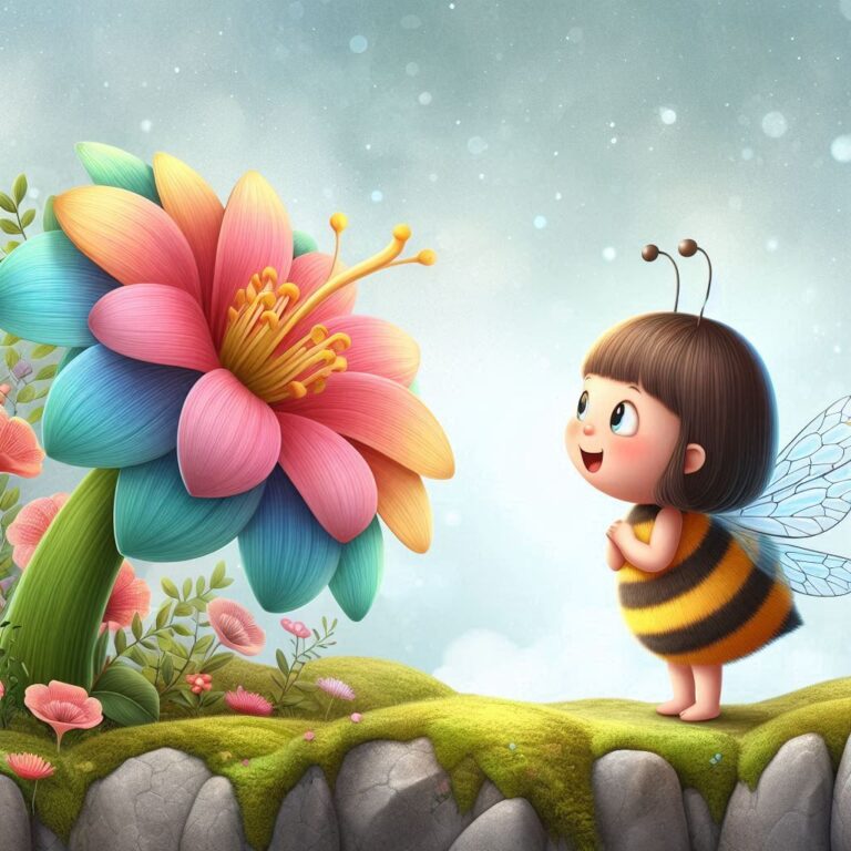 Bee-Bodied Girl on Mossy Rock Admiring Giant Flower