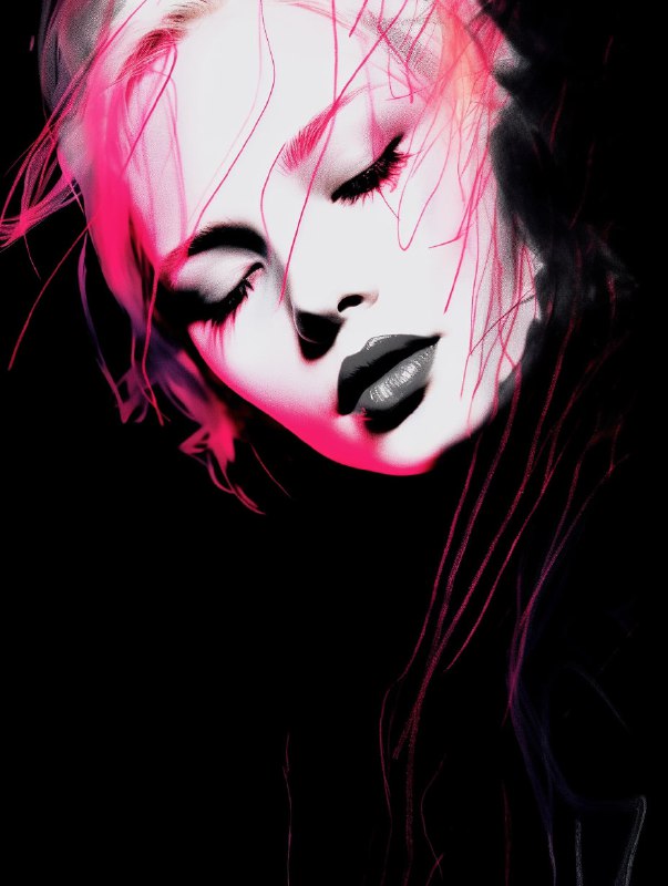 One Line Portrait With Pink Ink Smudge on Black