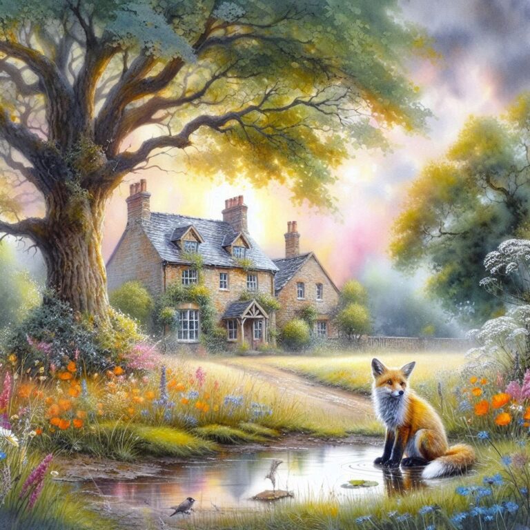 English Country House With Fox Cub in Puddle Watercolor