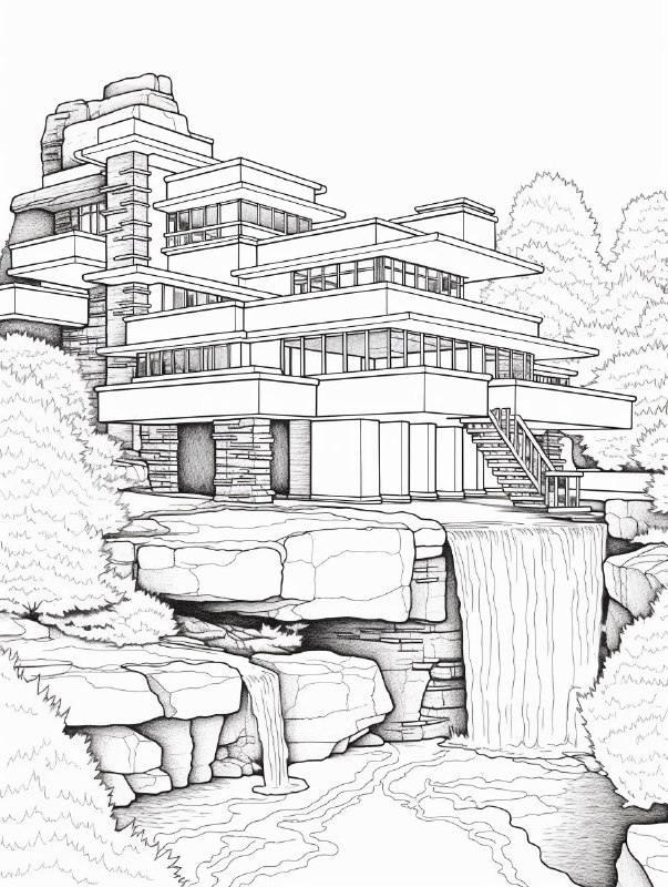 Fallingwater House Coloring Page Line Drawing for Kids