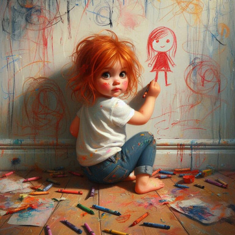 Messy Red-Haired Toddler Drawing on Floor Painterly Art