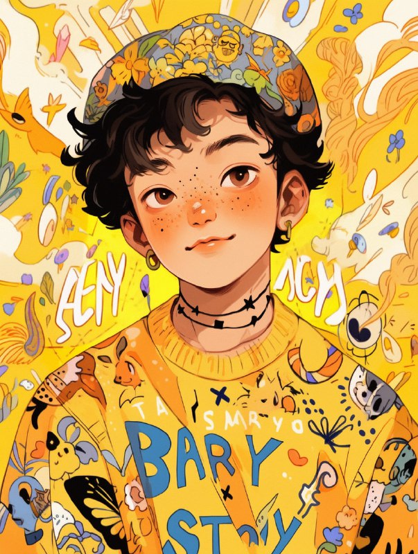 Boy in Yellow Shirt Grunge Folkloric Cartoon Portrait