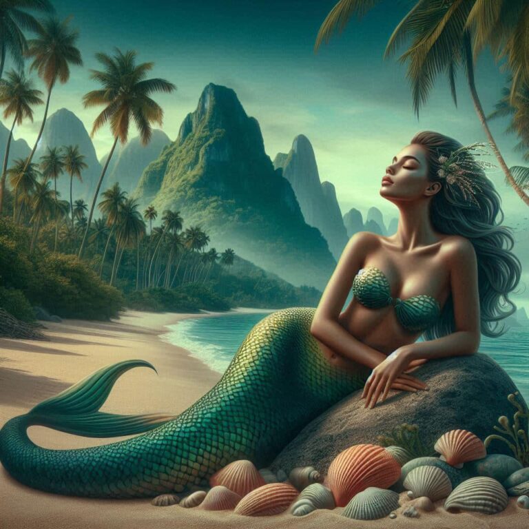 Mermaid With Gradient Scales on Beach Boulder Chiaroscuro