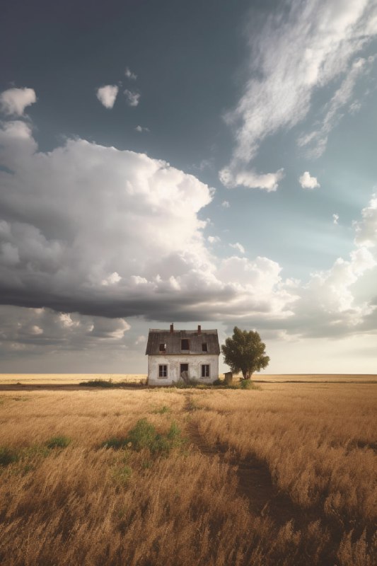 Small White House in Field Under Cloudy Apocalypse Sky