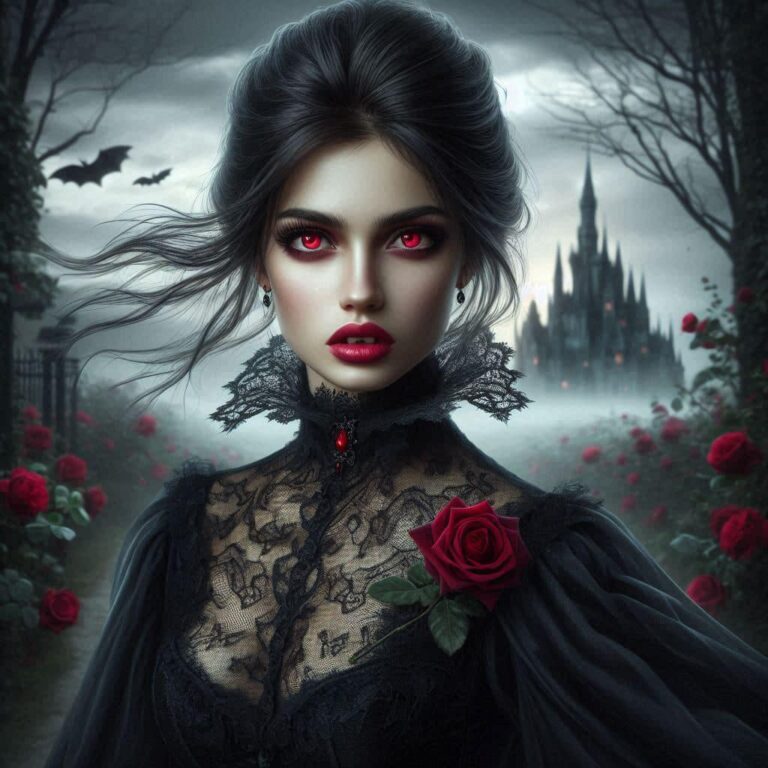 Vampire With Red Eyes and Black Lace by Spooky Castle