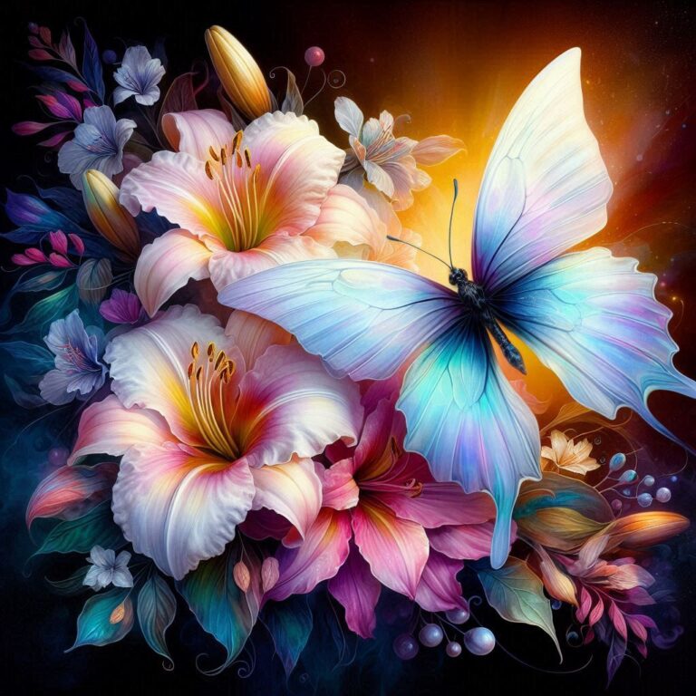 Daylilies Magnolias and White Butterfly Watercolor