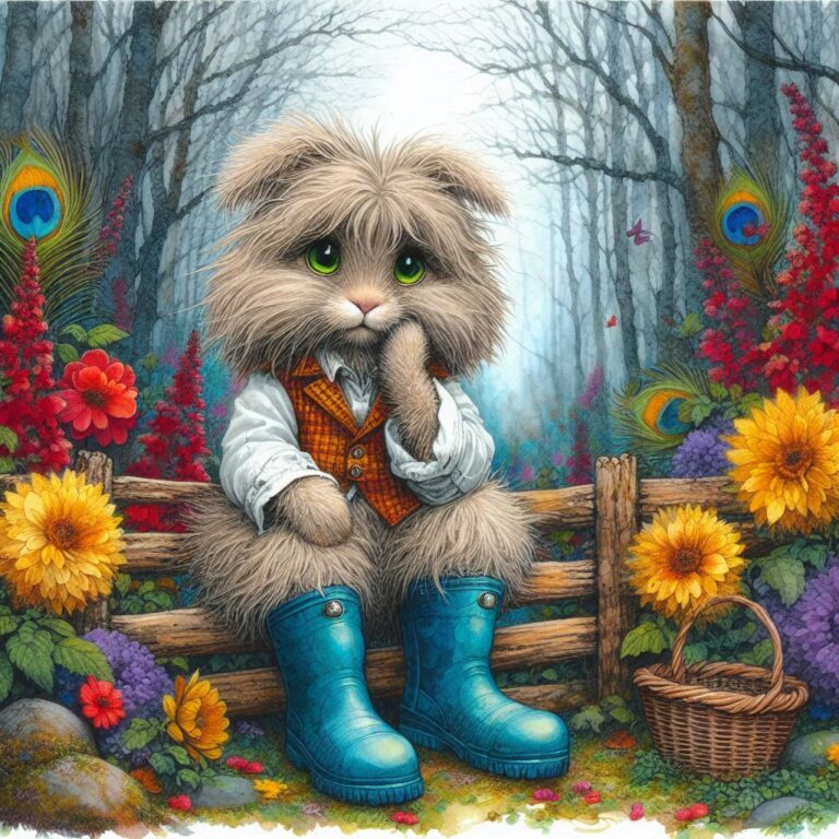 Shaggy Green-Eyed Rabbit by Flowered Fence Illustration