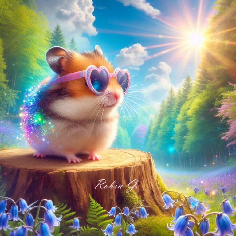 Sparkly Hamster on Tree Stump Among Bluebell Woods