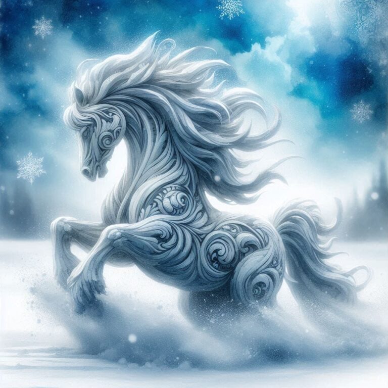 Horse Sculpture in Snow With Blue Watercolor Background