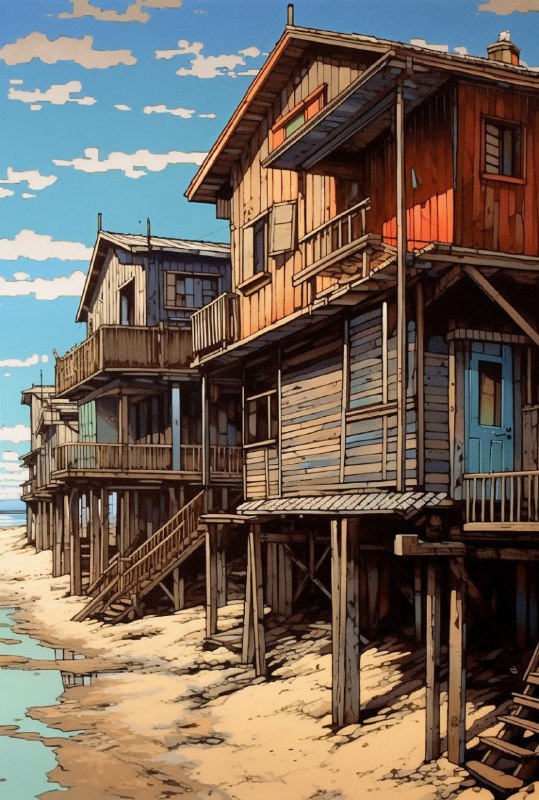 Old Wooden Houses and Beach Japanese Woodblock Style