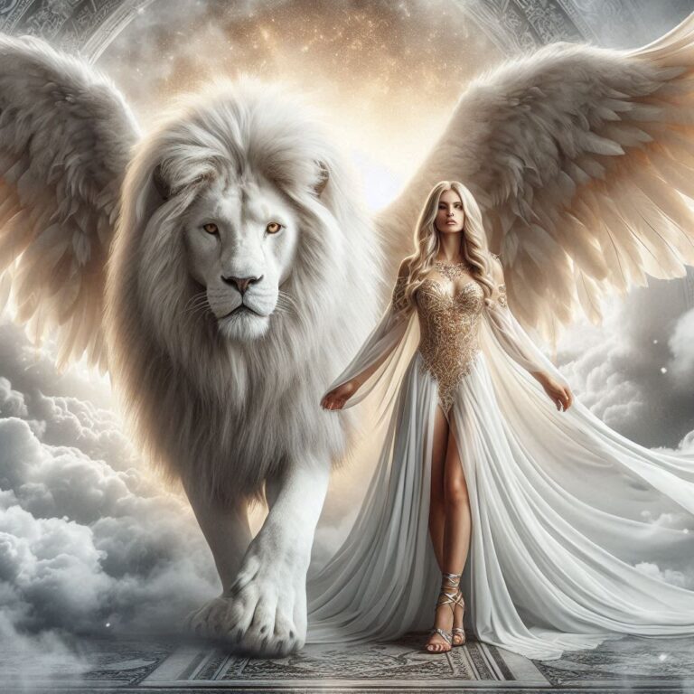 Winged White Lion With Blonde Woman Mystical Portrait