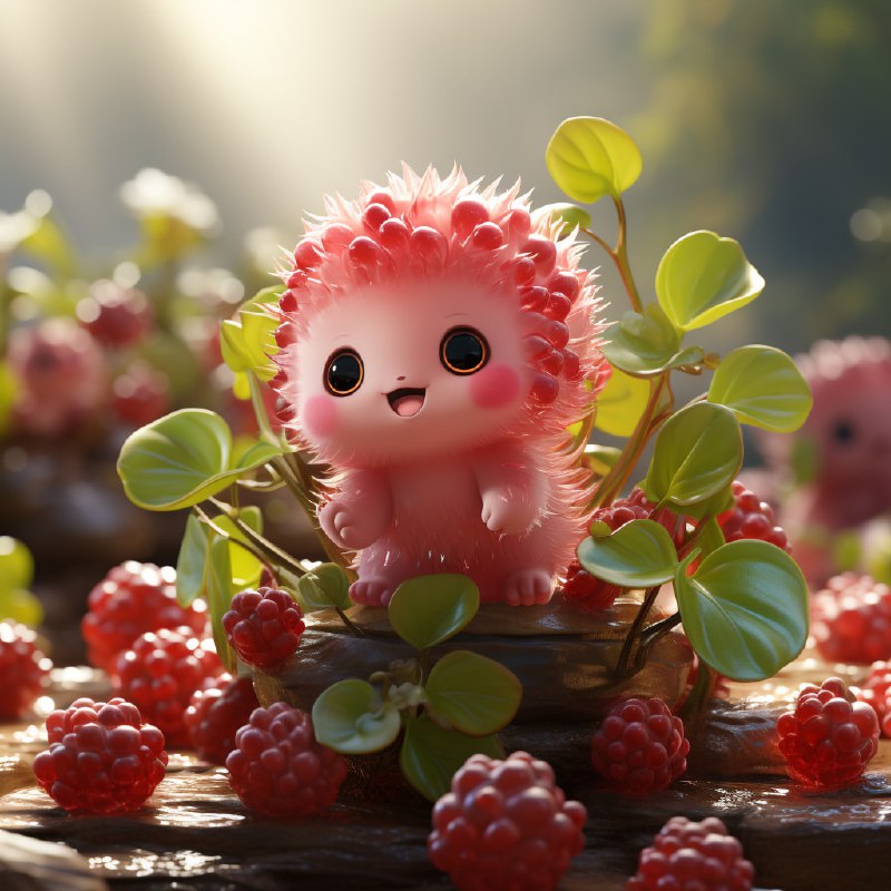 Playful Strawberry Character in Surreal Fantasy Garden