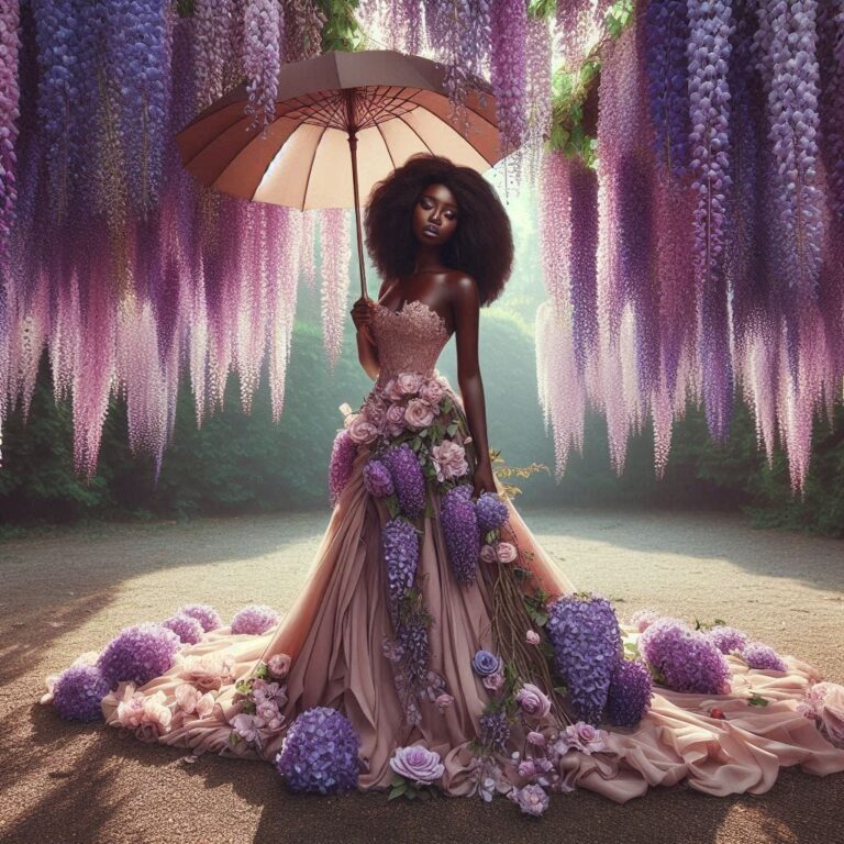 African American Woman Under Wisteria Blossom Umbrella