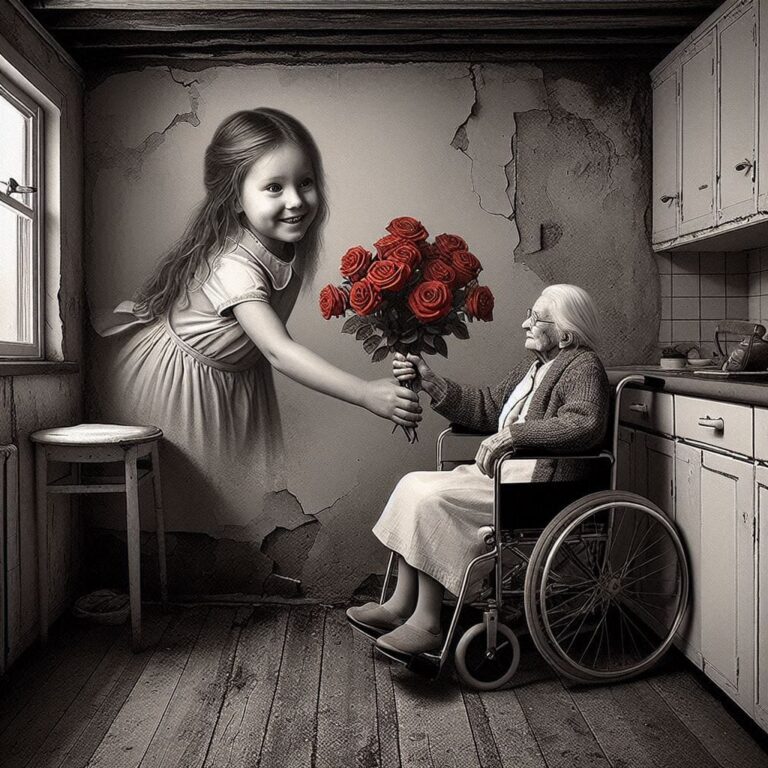 Old Lady in Wheelchair Gazing at Painting 1900s Kitchen