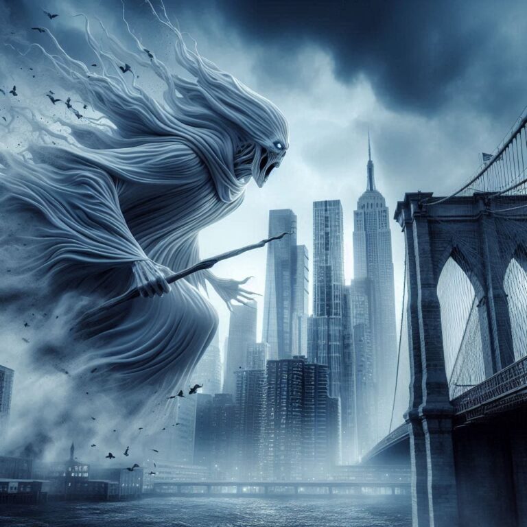 White Ghost Dementors Over Foggy Bridge Giger Style