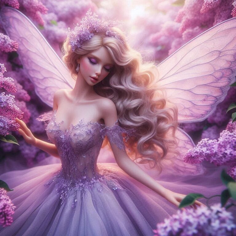 Lilac Fairy With Blonde Hair in Blossoming Lilac Garden