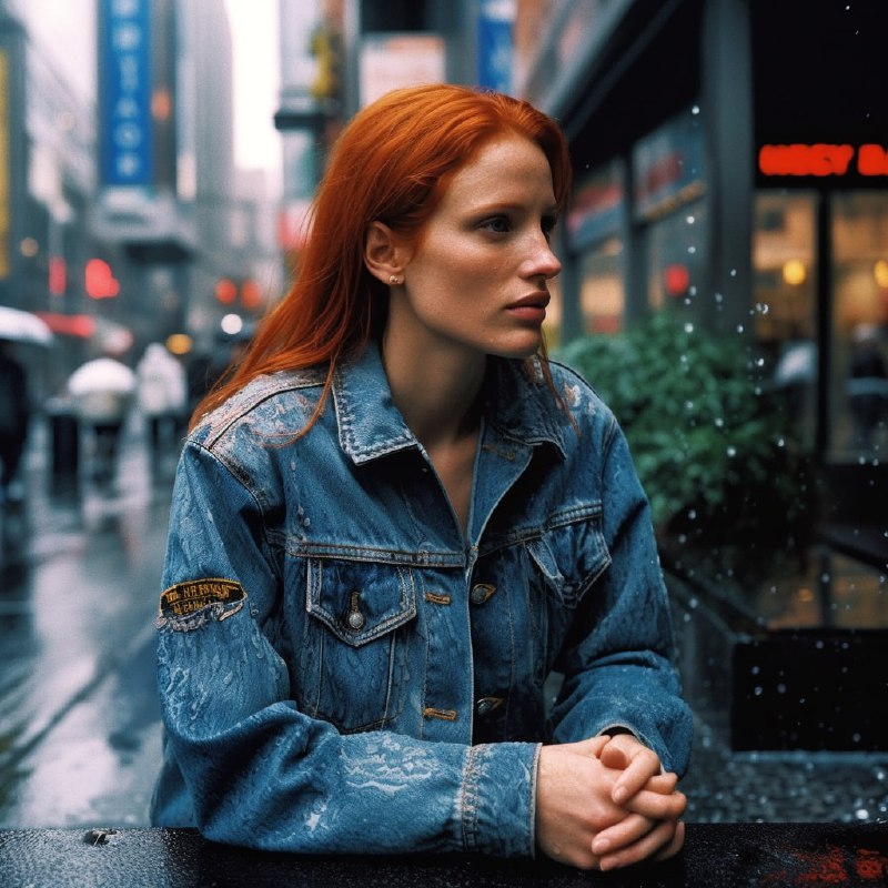 Denim Cowgirl Model in Rainy 1987 Times Square