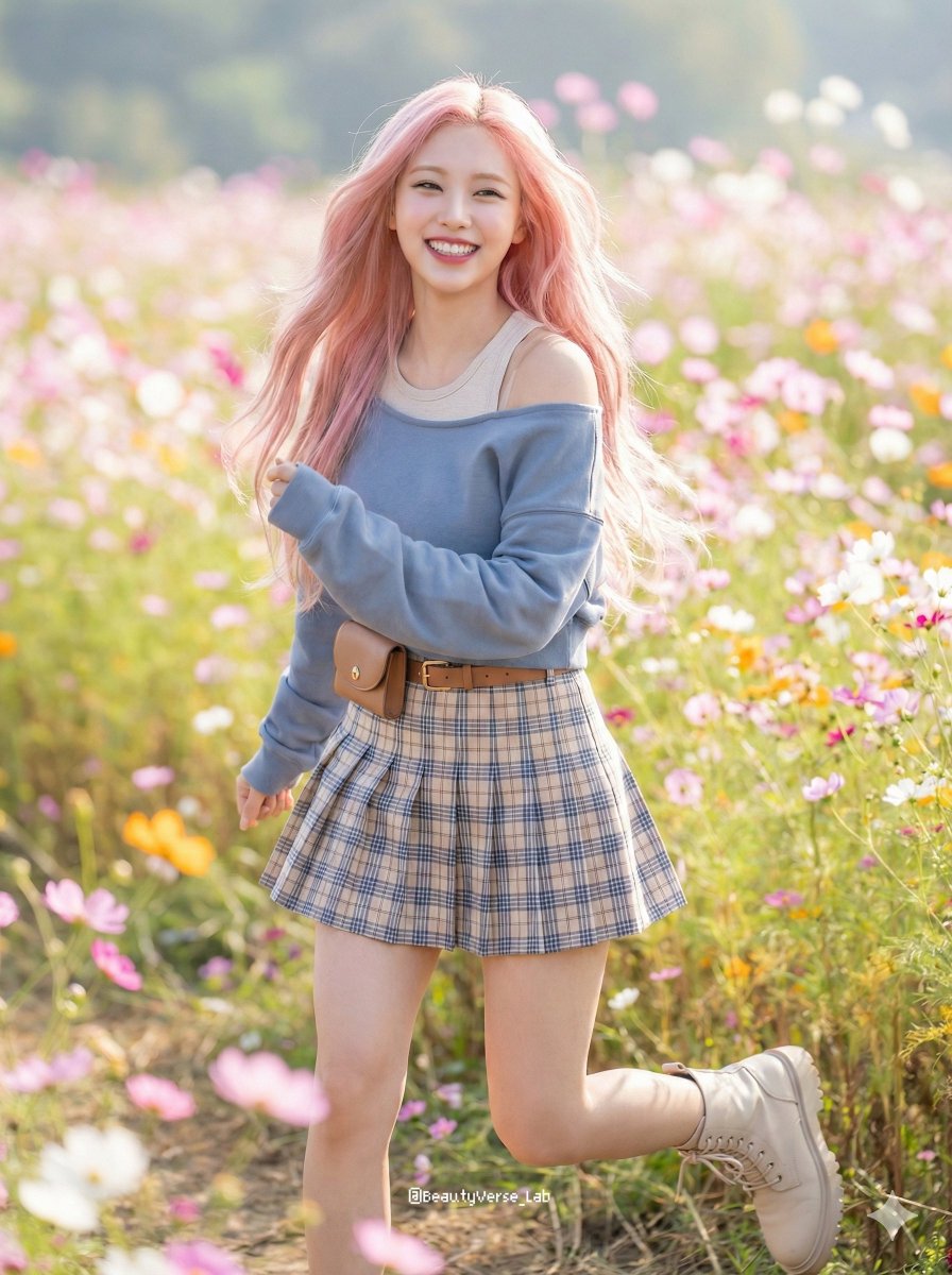 Pink-Haired Girl Running in Spring Flowers