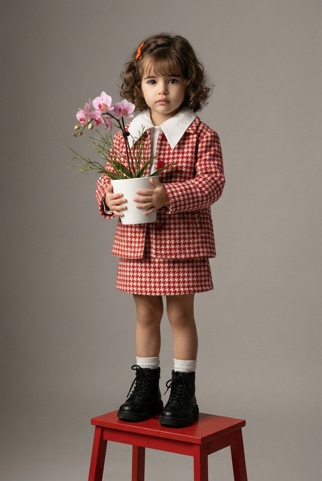 Girl With Orchid On Red Stool