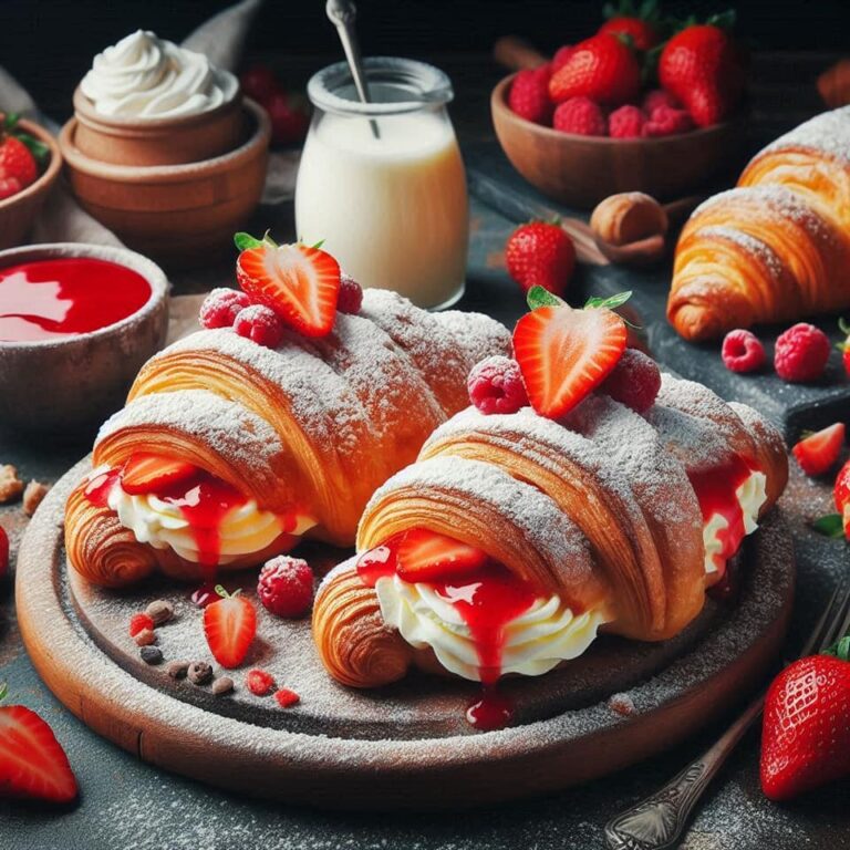 Croissants With Strawberry Cream and Powdered Sugar