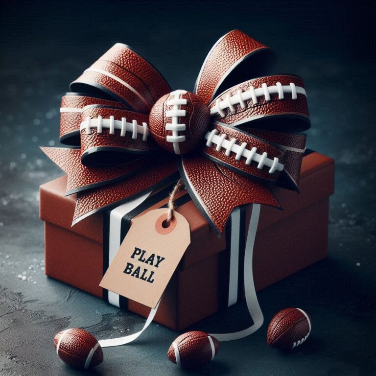 Football Leather Bow on Gift Box With Play Ball Tag