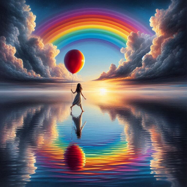 Hyperreal Girl With Red Balloon and Rainbow Sea Sky
