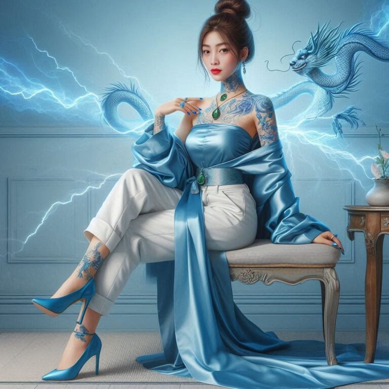 Korean Woman in Blue Silk With Dragon Tattoo Portrait
