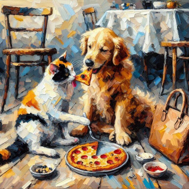 Expressionist Cat and Retriever Sharing Pizza Painting