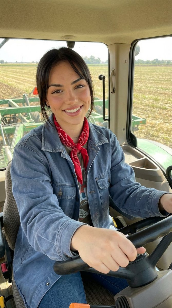 Smiling Woman Drives Green Tractor