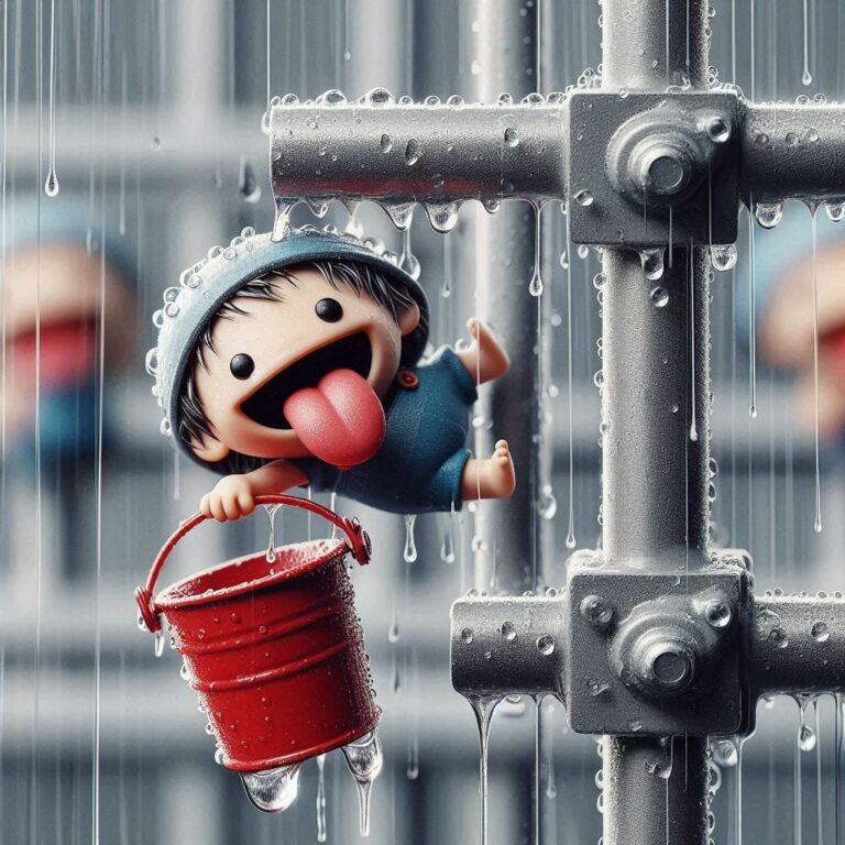 Cartoon Children Catching Raindrops on Metal Beams