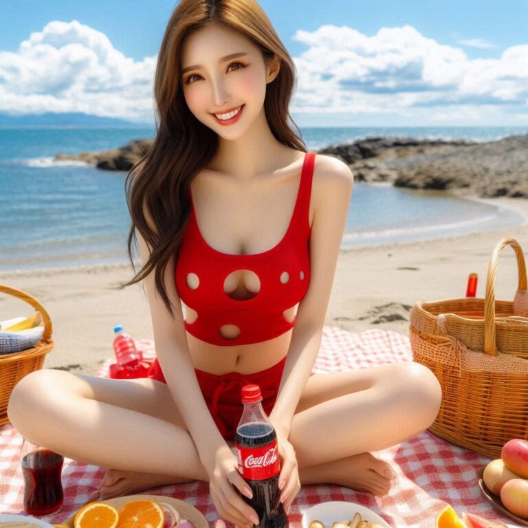 Taiwanese Woman Enjoying Beach Picnic With Cola