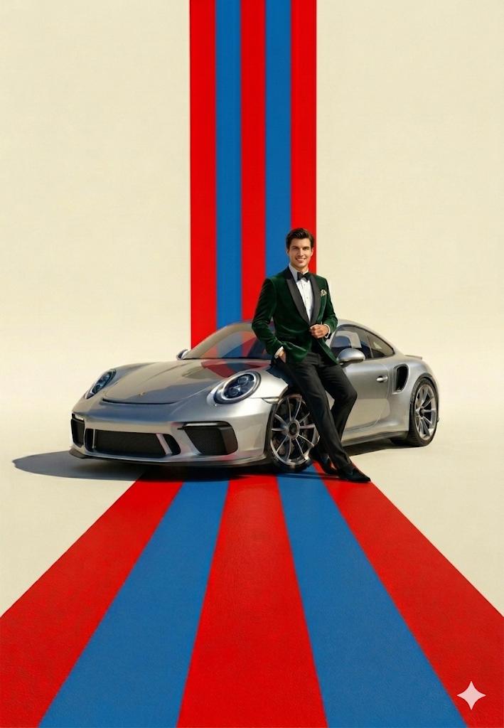 Dapper Man Leans on Silver Porsche