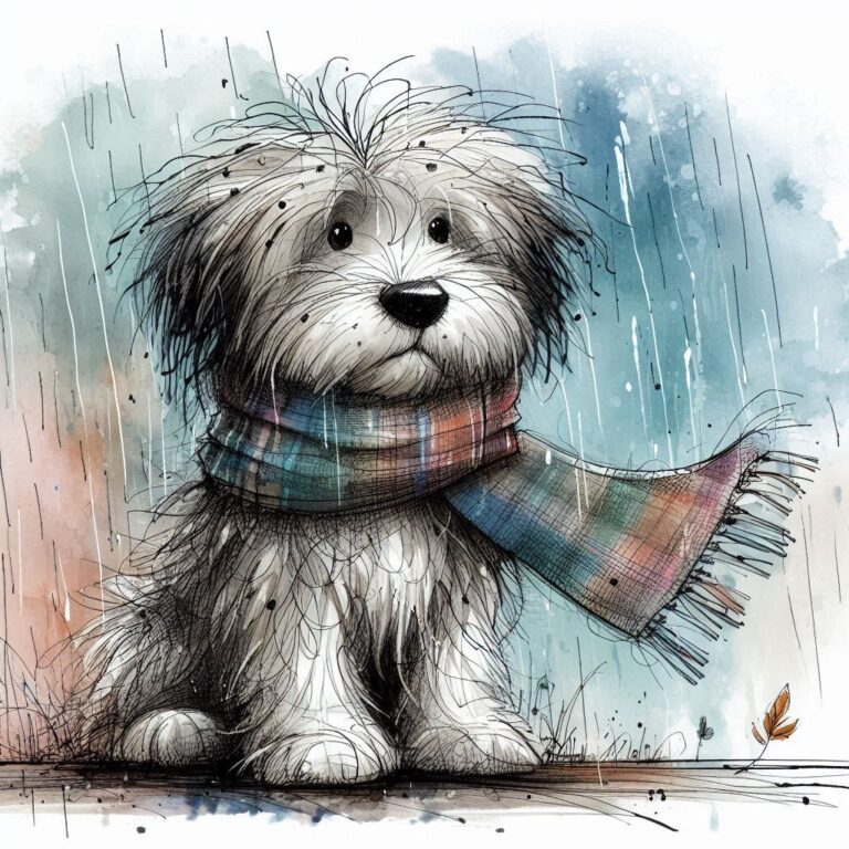 Cartoon Sheepdog in Scarf Sitting in the Rain