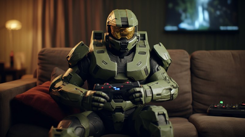 Master Chief Playing Xbox on Couch Cinematic Shot