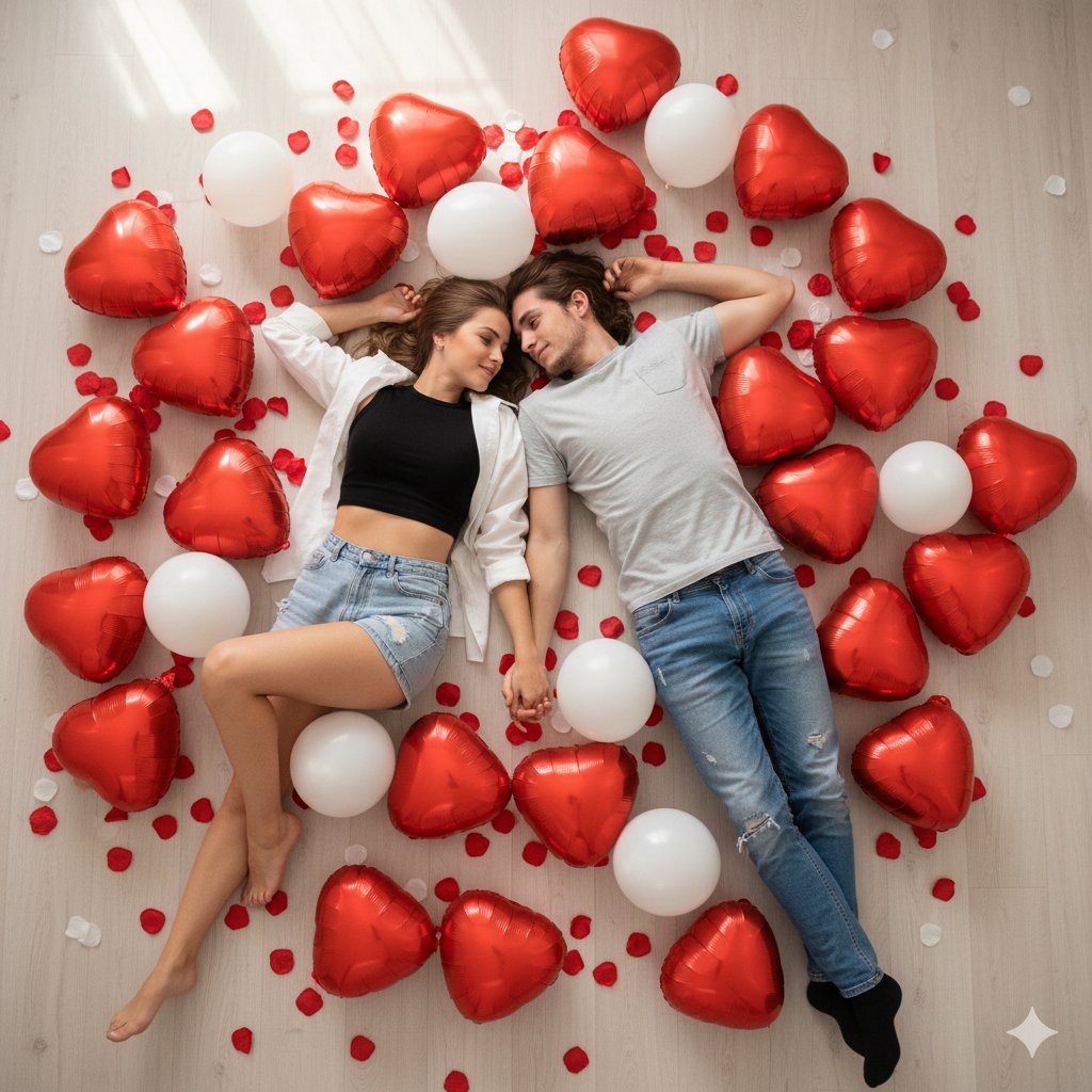Romantic Couple Surrounded by Heart Balloons