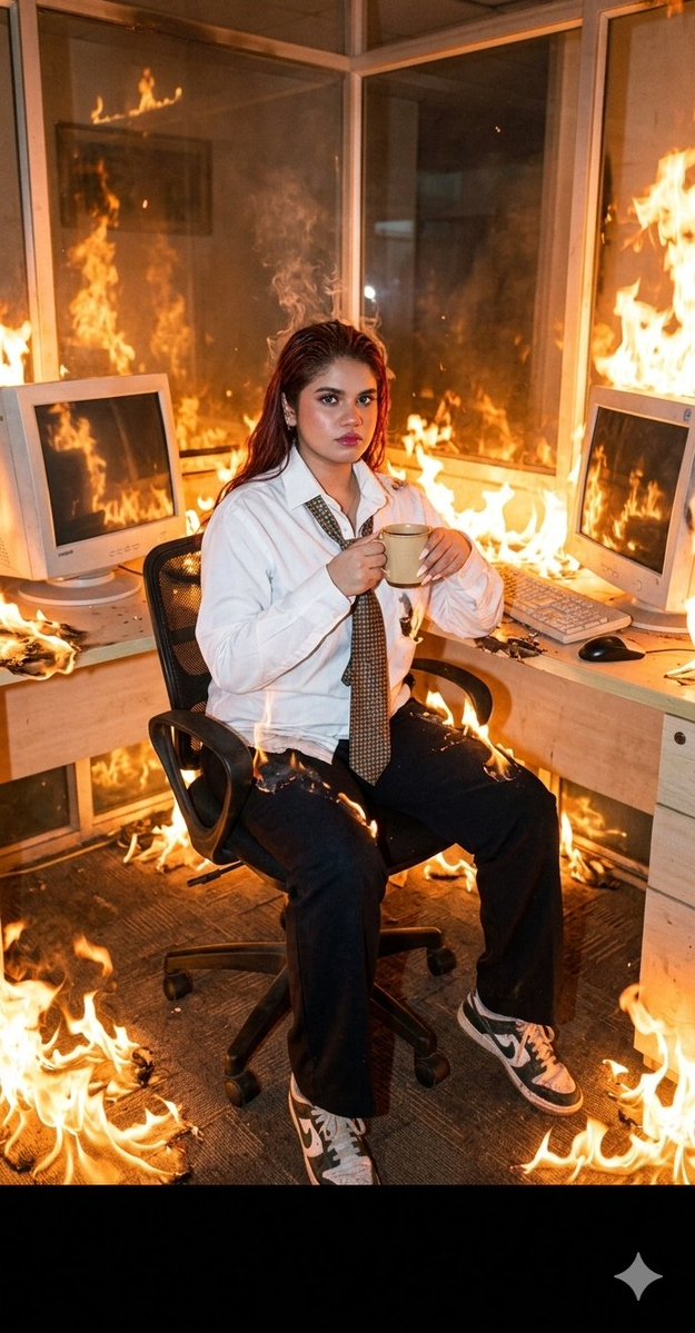 Calm Woman Working In Burning Office