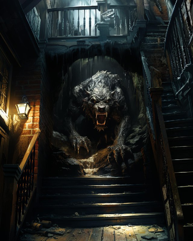 Monstrous Creature in Dim Basement Horror Oil Painting