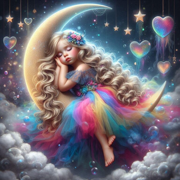 Blonde Toddler Asleep on Crescent Moon in Tulle Dress