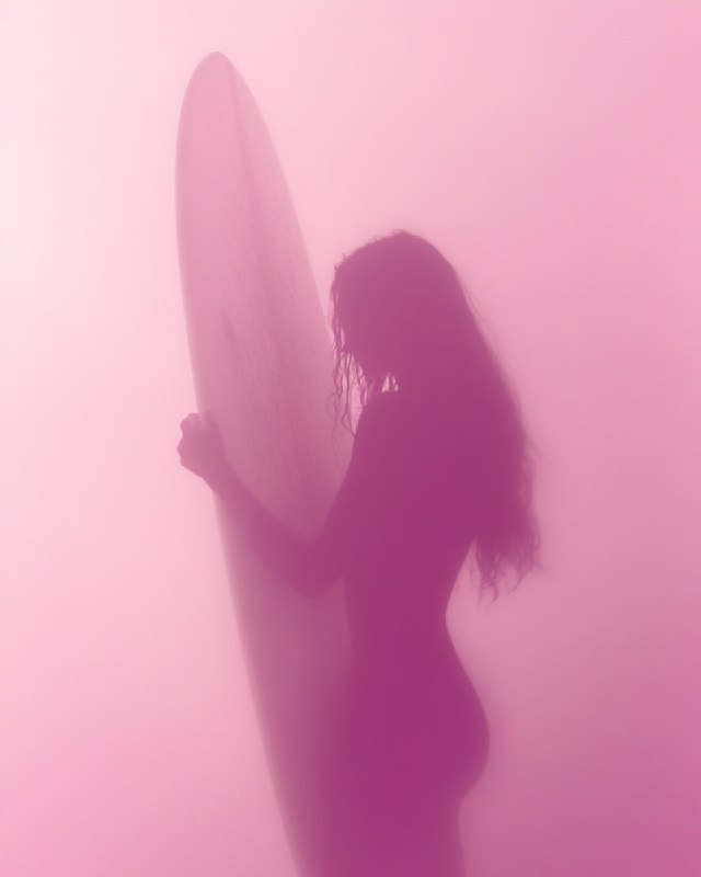 Blurred Pink Silhouette Woman Surfboard