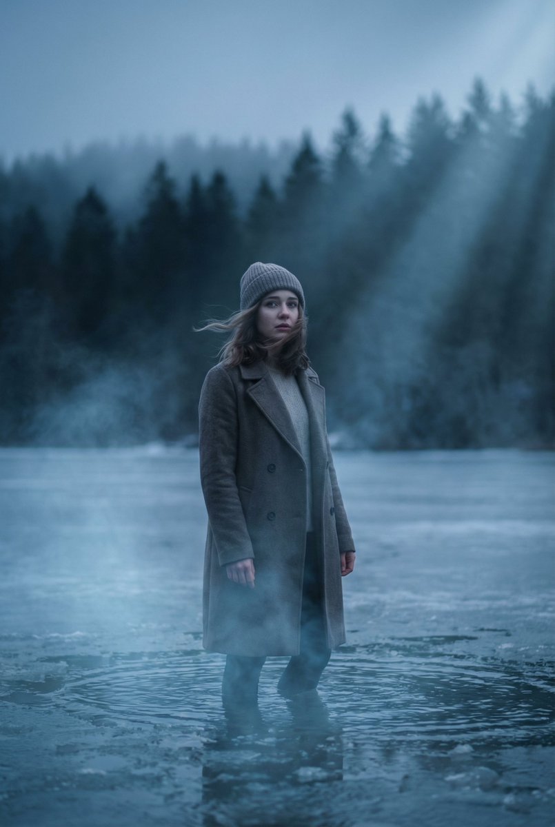 Lone Woman on Frozen Lake at Dusk