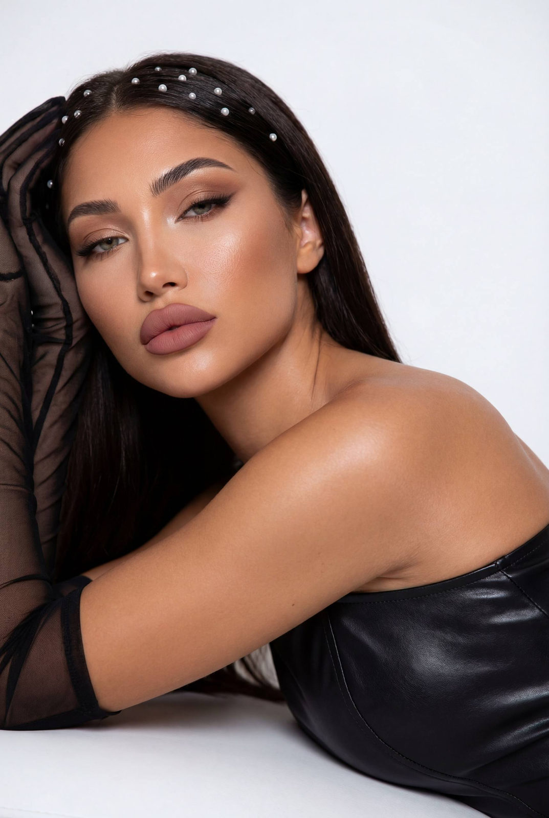 Pearl-Adorned Beauty in Leather