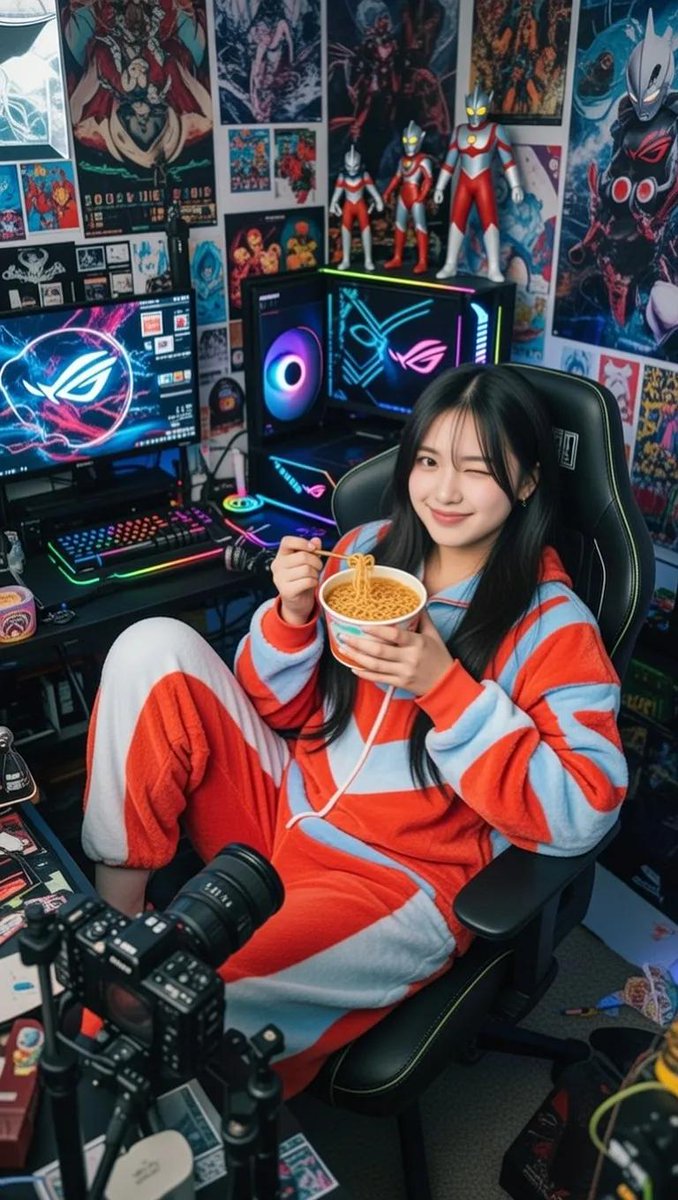 Cozy Gamer Girl in Ultraman Pajamas