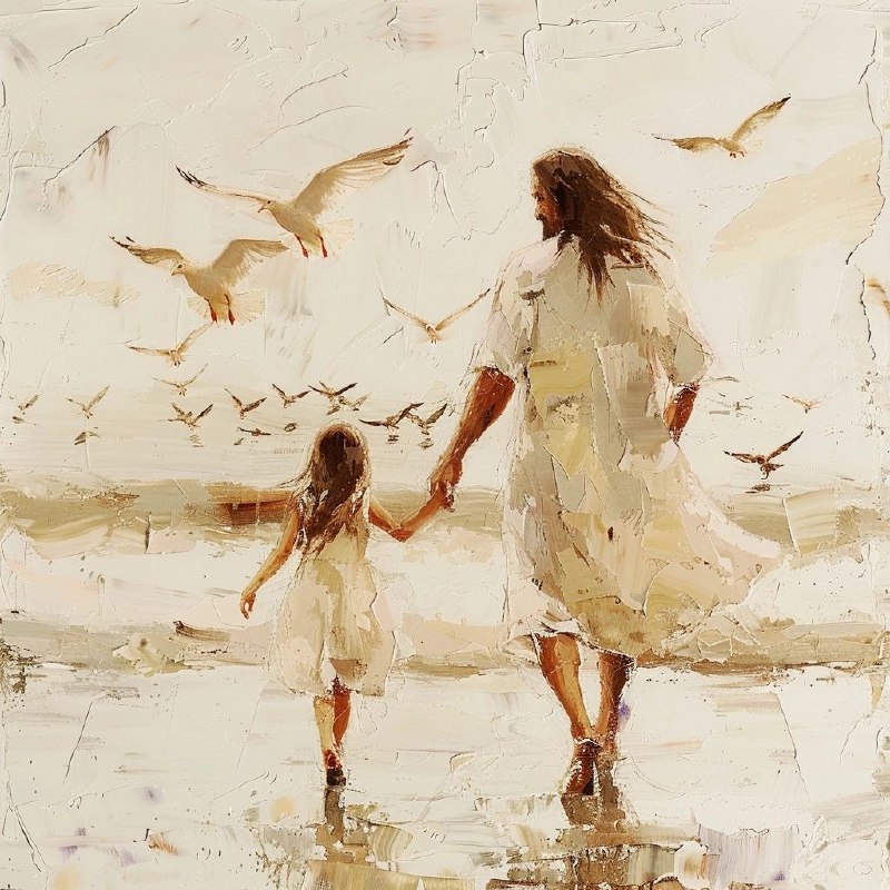 Christ and Child on Beach Dissolving Into Birds