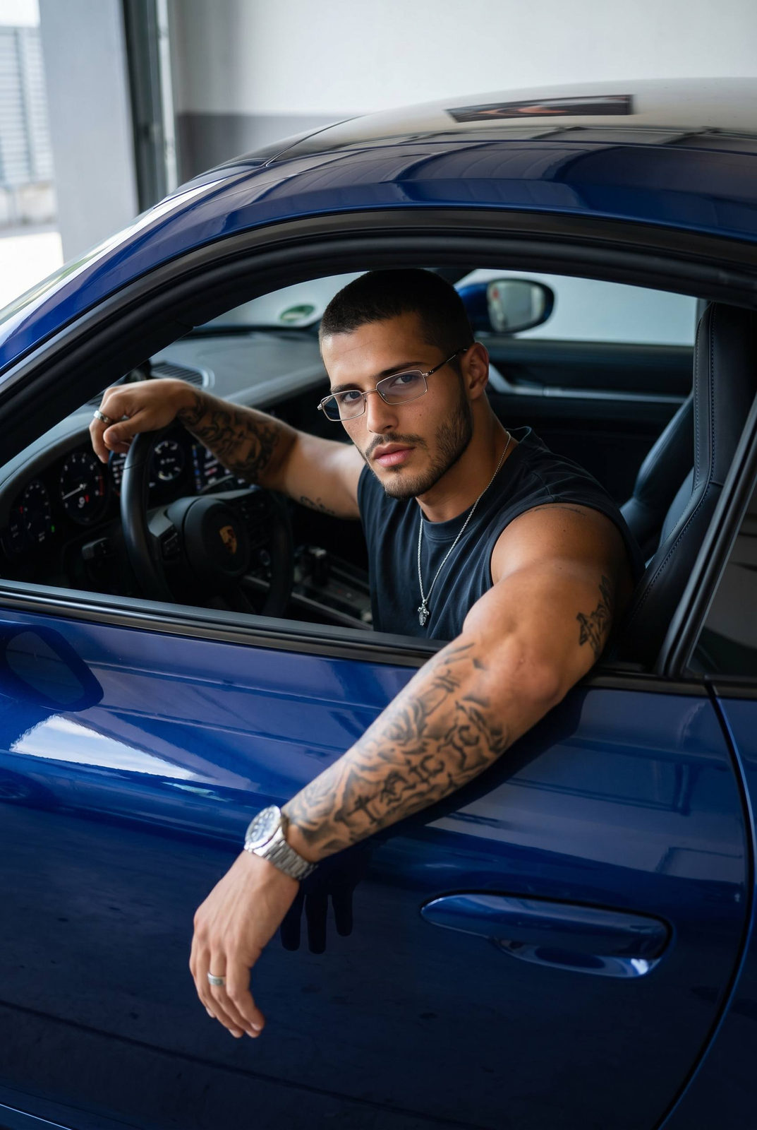 Tattooed Man In Sports Car Portrait