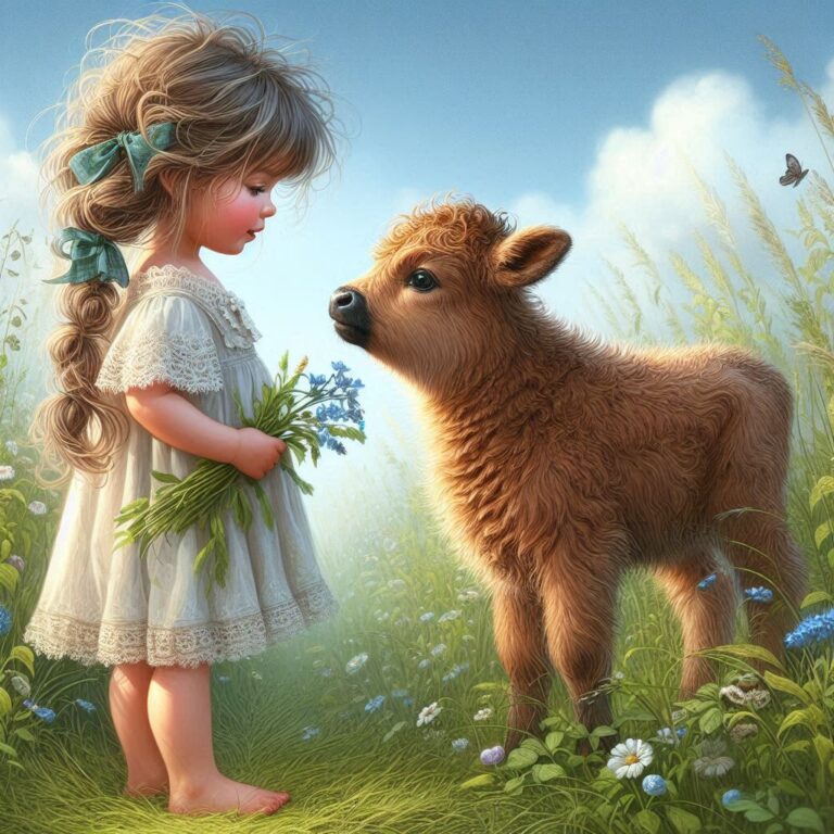 Little Girl Sharing Love With Furry Calf in Meadow