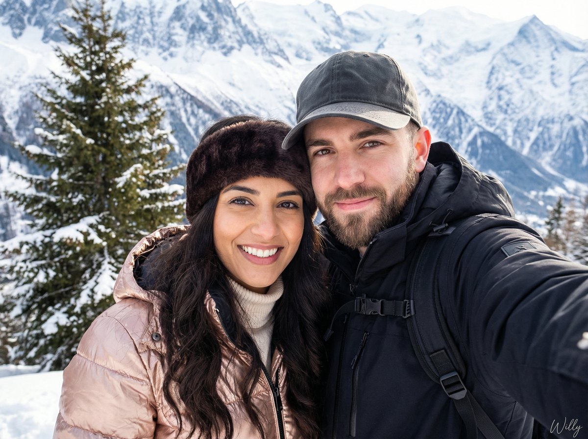 Snowy Mountain Couple Selfie