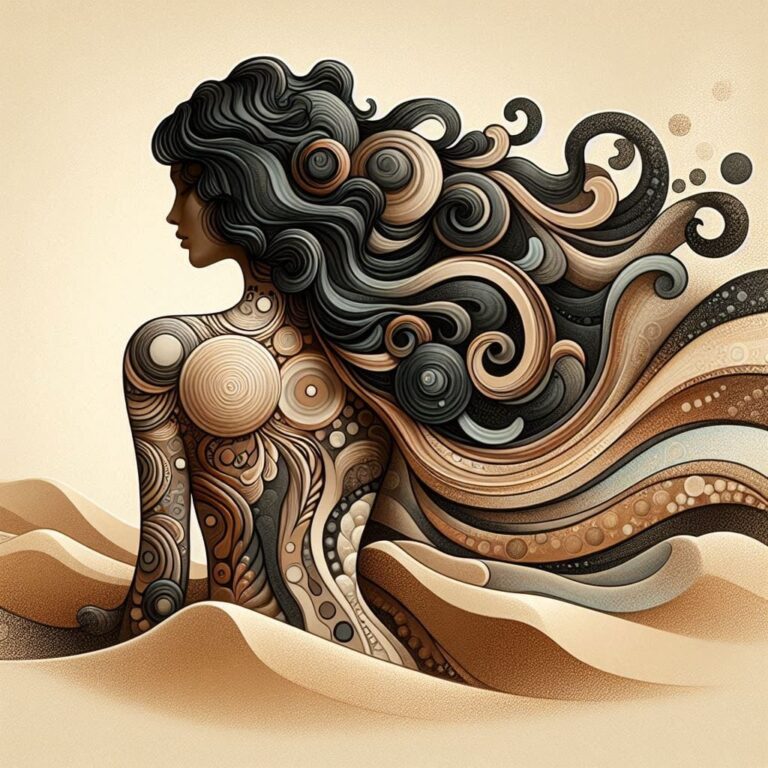 Curly Haired Figure Blending Into Surreal Desert