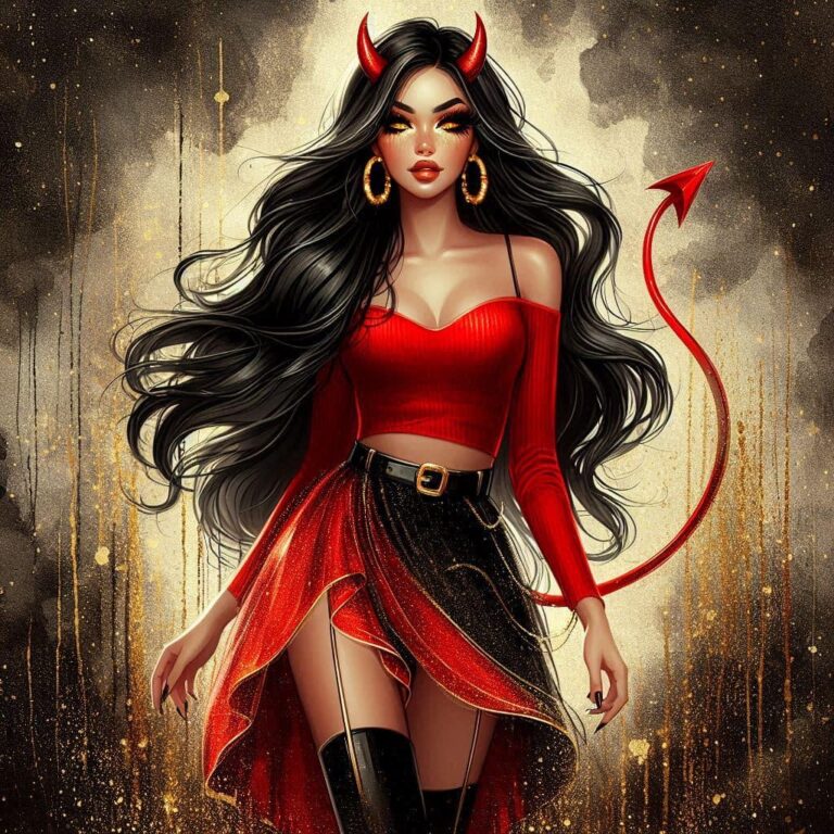 Devil Horned Woman in Red and Gold Outfit Portrait