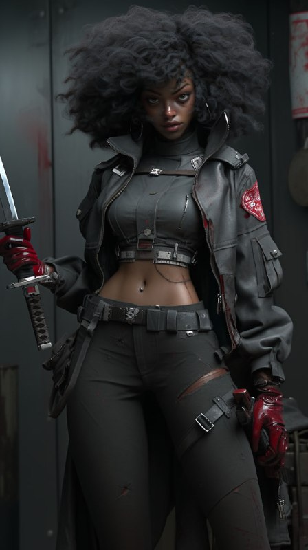 Dystopian Cyberpunk Afro Samurai Woman Attacking