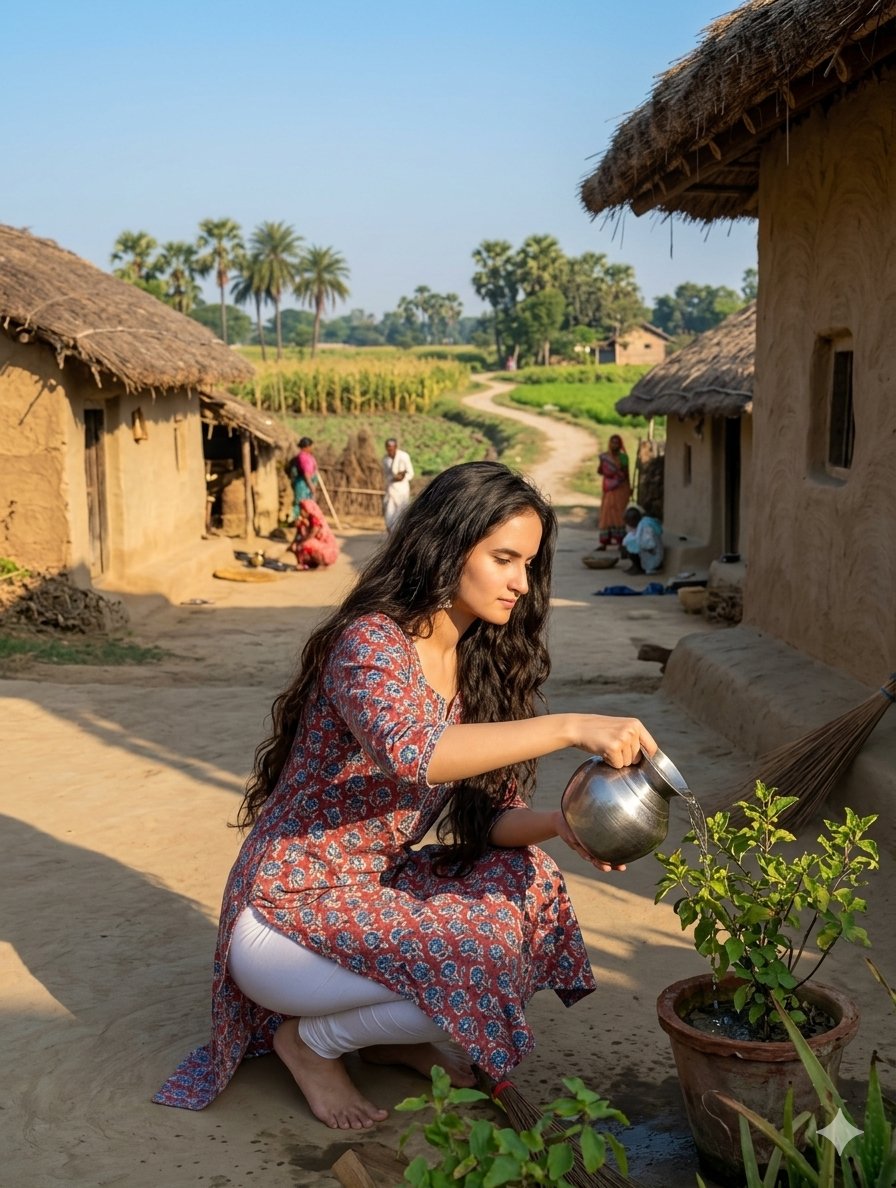 Indian Woman Watering Plant Village